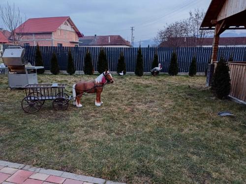 a horse tied to a cart in a yard at Casa Potcovarului in Drăguş