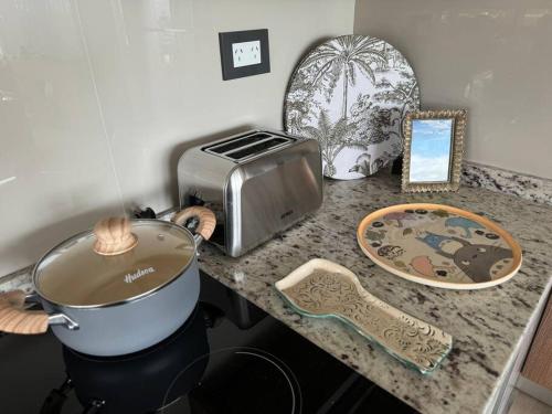 a kitchen counter with a pot and a toaster at Departamento Elegante en Torre Leloir in Villa Marini
