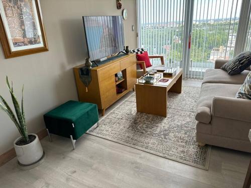 a living room with a couch and a tv at Departamento Elegante en Torre Leloir in Villa Marini