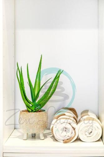 a plant in a vase sitting on a shelf at Zen Marina: 1-BR Executive Apartment By The Bay in Larrakeyah