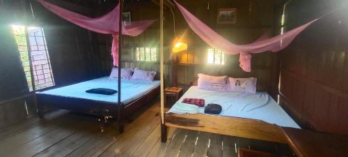 a bedroom with two beds and a mosquito net at Tree Trails Homestay & Offers Jungle Trekk-Scooter For Rental in Banlung