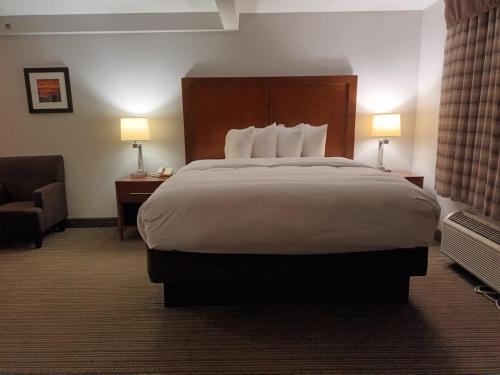 a hotel room with a large bed and a chair at Country Inn & Suites by Radisson, Battle Creek, MI in Battle Creek