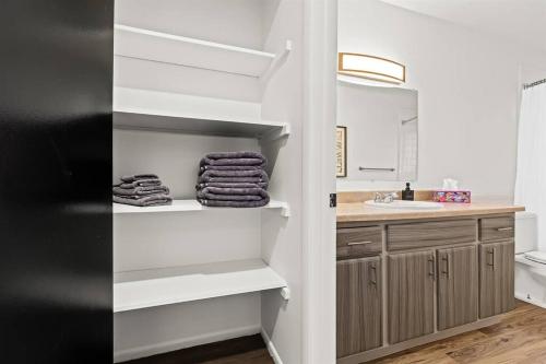 baño con estantes blancos y lavamanos en 1BR Pet-Friendly Apartment with King Bed, en Royal Oak