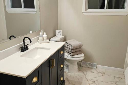 a bathroom with a sink and a toilet at Entire Home w/ Free Wi-Fi, Garage, Deck, Yard in Nixa