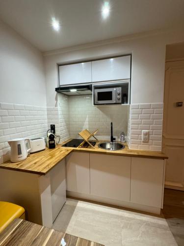 une petite cuisine avec un évier et un micro-ondes dans l'établissement Appartement moderne au centre-ville, à Saint-Denis