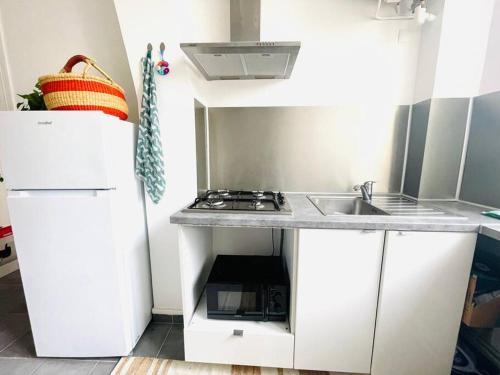 une petite cuisine avec un évier et une cuisinière dans l'établissement Beautiful bright flat Jardin des Plantes, à Paris