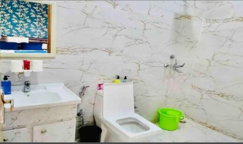 a bathroom with a white toilet and a sink at Banke bihari farm in Noida