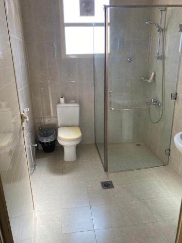 W łazience znajduje się toaleta i przeszklony prysznic. w obiekcie the beach house w mieście Al Mirfa
