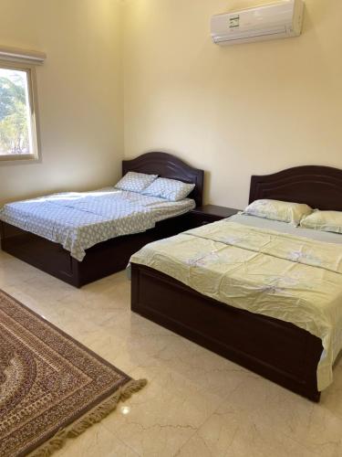 een slaapkamer met 2 bedden, een raam en een tapijt bij the beach house in Al Marfaʼ