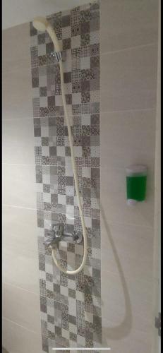 une douche avec un tuyau fixé à un mur carrelé dans l'établissement Pringgondani Guesthouse Sambiroto, à Jatingaleh