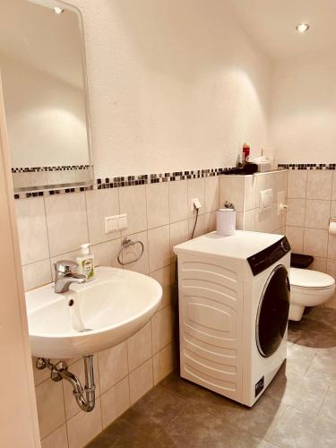 La salle de bains est pourvue d'un lavabo, de toilettes et d'un miroir. dans l'établissement Apartments Alina, à Rust