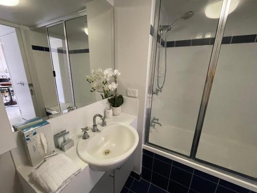 a bathroom with a sink and a shower at City Stadium Apartment 3 in Townsville