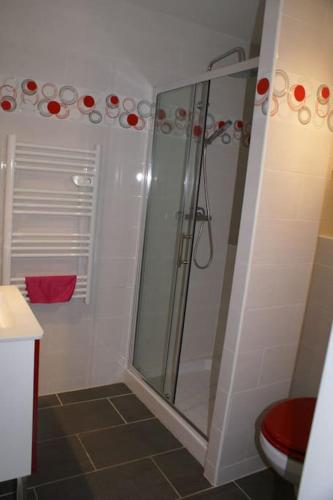 ein Bad mit einer Dusche und einem WC in der Unterkunft Studio 14, Héliopolis J village naturiste in Cap d'Agde