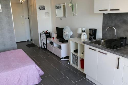 eine Küche mit einer Spüle und einer Arbeitsplatte in der Unterkunft Studio 14, Héliopolis J village naturiste in Cap d'Agde