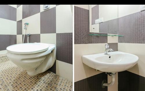 2 fotos de un baño con aseo y lavabo en ROYAL INN en Thiruvananthapuram