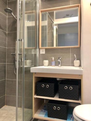 une salle de bain avec un lavabo et une douche dans l'établissement Studio 303, Héliopolis J au village naturiste, au Cap d'Agde