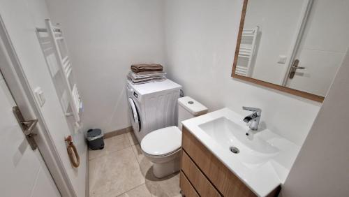 bagno con servizi igienici, lavandino e specchio di maison neuve - le laos - a Les Ageux