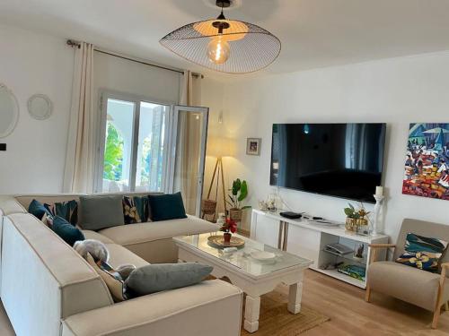 TV a/nebo společenská místnost v ubytování Luxueuse Villa - Jardin - Piscine - Jacuzzi - 3min du lagon