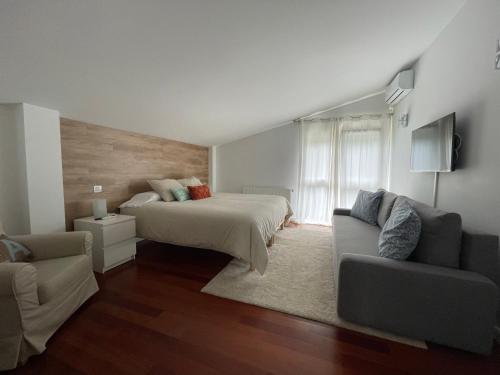 1 dormitorio con cama, sofá y TV en Casa Markaida Vizcaya, en Mungia