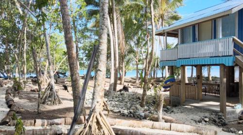 een huis aan het strand met palmbomen bij Putuo eco-lodge 