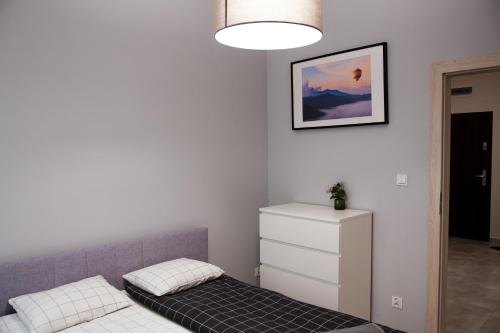 1 dormitorio con 1 cama y una foto en la pared en Apartament Solankowe Zacisze Inowrocław, en Inowrocław
