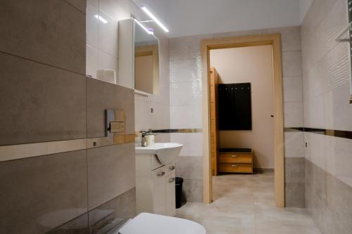 y baño con aseo, lavabo y espejo. en Apartament Solankowe Zacisze Inowrocław, en Inowrocław