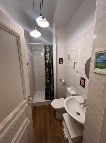 une salle de bain avec un lavabo, des toilettes et une douche dans l'établissement Le Beau Site Grand Hotel - lovely heritage cocoon Aix-les-Bains central park, à Aix-les-Bains