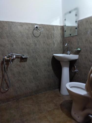 uma casa de banho com um chuveiro, um lavatório e um WC. em Mount Vista Huts And Cafe em Kasol