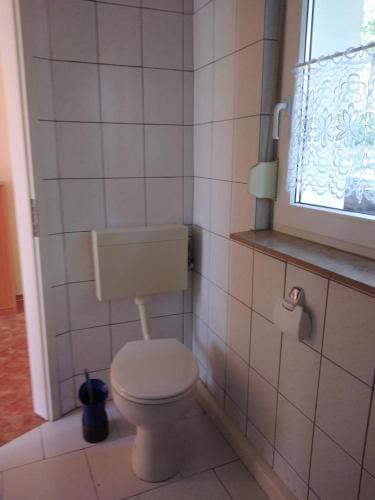 a bathroom with a white toilet and a window at NEU! See-Ferienwohnung 3 in Großmöhlau