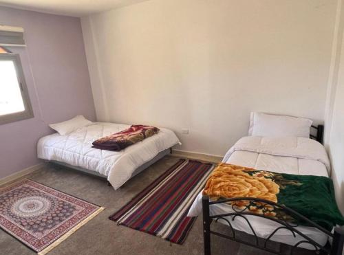 a room with two beds and a rug at Eman house in Wadi Musa