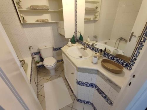a bathroom with a sink and a toilet and a mirror at Appartement Cozy aux Berges du Lac 1 in Tunis