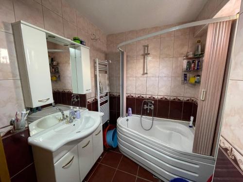 een badkamer met een bad en een wastafel bij cvetkovski apartment in Tetovo