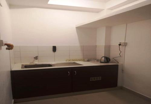 a kitchen with a sink and a counter top at Rue Heritage inn in Puducherry