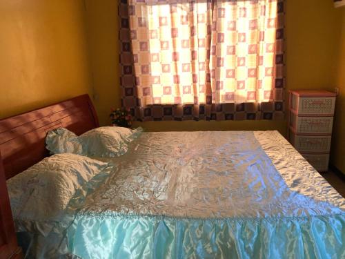 - une chambre avec un lit doté d'une fenêtre et d'un rideau dans l'établissement Logerthine Studio Suriname, à Paramaribo