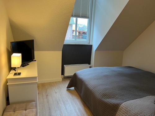 Schlafzimmer mit einem Bett, einem TV und einem Fenster in der Unterkunft SchnausNest in Grömitz