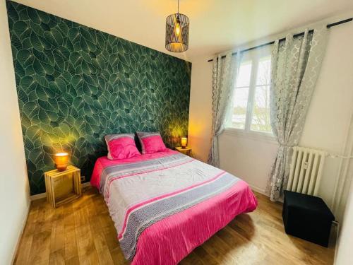 een slaapkamer met een roze bed en een groene muur bij Chtx bel appart 3 chb parking in Châteauroux