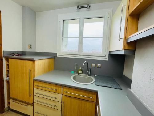 a small kitchen with a sink and a window at Chtx bel appart 3 chb parking in Châteauroux