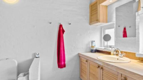 un baño con lavabo y una pieza roja en la pared en Hjertevarm Oase: Harmoni og højt til loftet en Morud