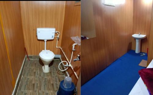 two pictures of a bathroom with a toilet and a sink at The Leo Homestay Cottage by StayApart , Buxa in Jayanti