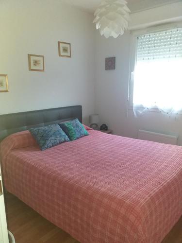 sypialnia z łóżkiem z różową kołdrą i oknem w obiekcie Les clés de Jonzacconciergerie Carré des Antilles w mieście Jonzac