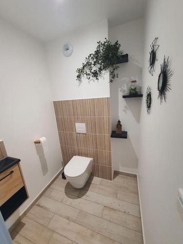 ein Bad mit WC und Pflanzen an der Wand in der Unterkunft Maison à thème le Mans 66 in Guécélard