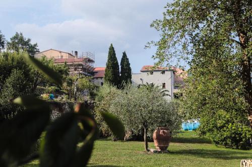 a garden with a large vase in the grass at Casa Virginia - Corbezzolo in Orco Feglino