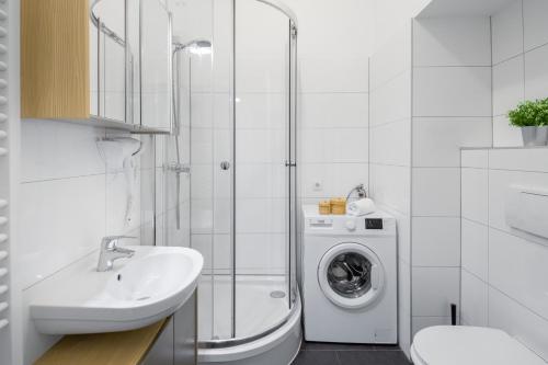 a bathroom with a sink and a washing machine at Apartment Puchsbaumgasse in Vienna