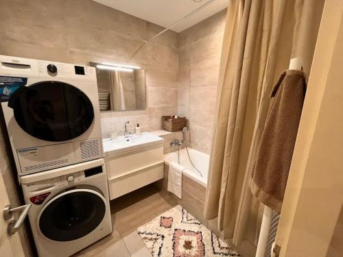 een badkamer met een wasmachine en een wastafel bij Beautiful Apartment in City Center in Bordeaux