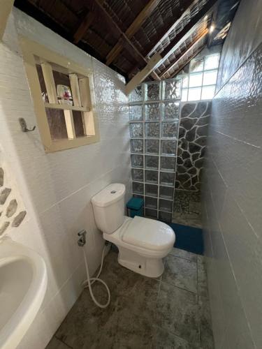 een kleine badkamer met een toilet en een wastafel bij Lunazul Guesthouse in San Vicente