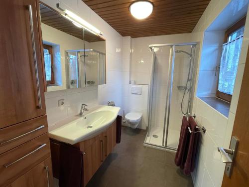 a bathroom with a sink and a shower and a toilet at Gästehaus Kracher in Fieberbrunn