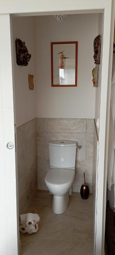 une salle de bain avec toilettes et un tableau au mur dans l'établissement Bleu Bohème, à Lasson