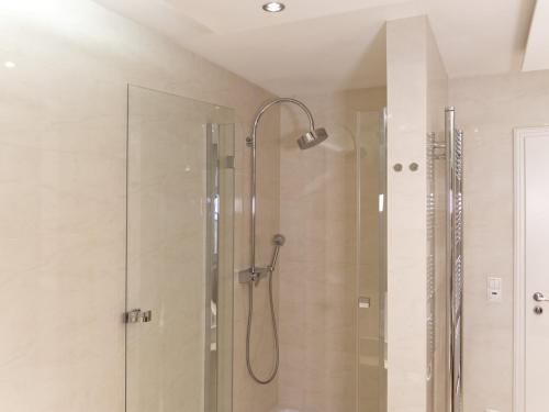 uma casa de banho com um chuveiro e uma porta de vidro em ThüringenApartments Boulevard XXL 5-7 Personen em Saalfeld