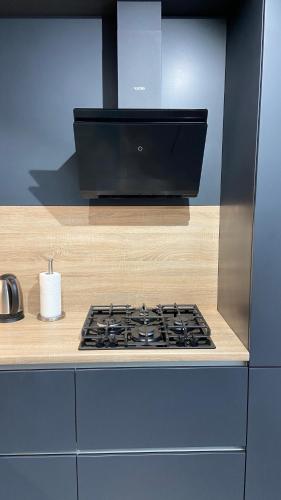 a stove top oven sitting on a counter in a kitchen at FlatService Просторі апартаменти в сучасному ЖК Parkland in Kyiv