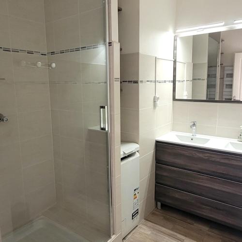 une salle de bain avec douche et lavabo dans l'établissement Appart T3 a 50 m de la plage, à Cavalaire-sur-Mer